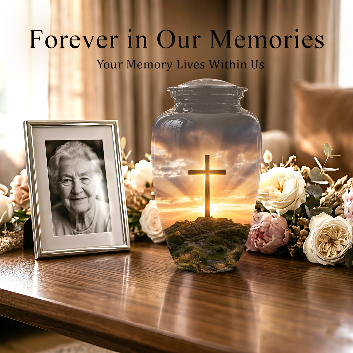 Christian Cross Cremation Urn - Sunrise Scenic Burial Urns For Human Ashes