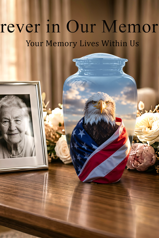 Bald Eagle Draped in American Flag - Patriotic Burial Urns For Human Ashes