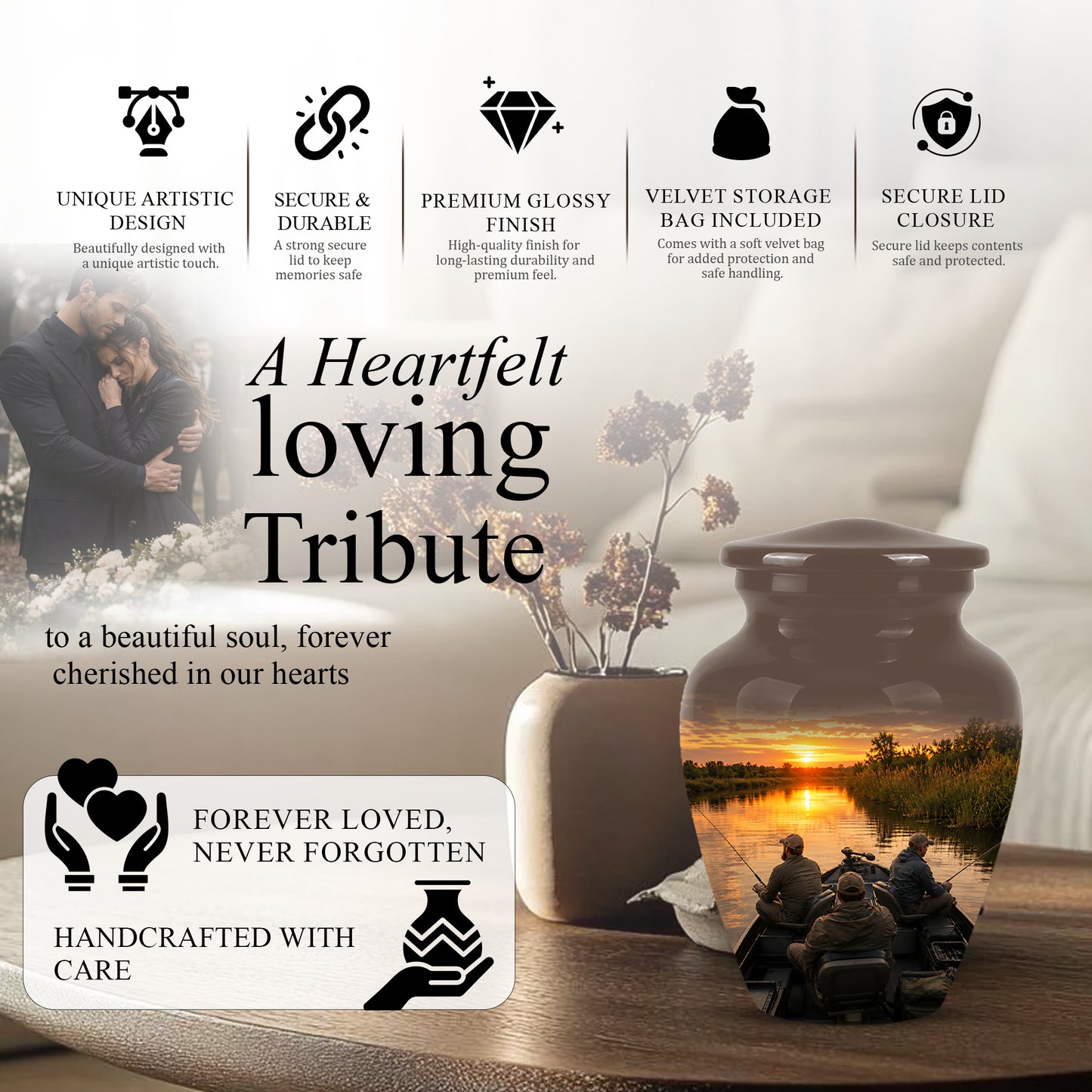 Fisherman Sunset Cremation Urn - Personalized Burial Urns For Ashes