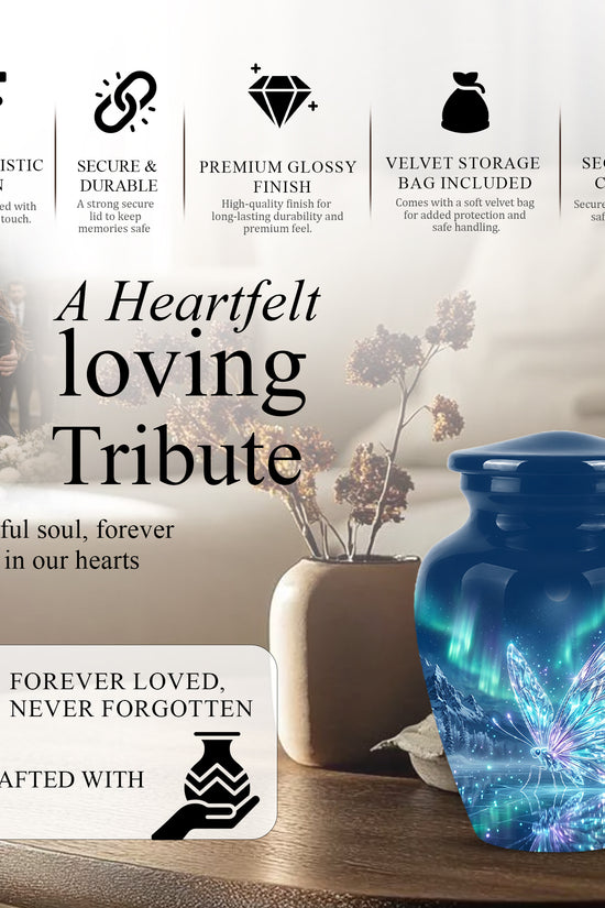 Glowing Butterfly Cremation Urn - Beautiful Blue Memorial Urns For Mom