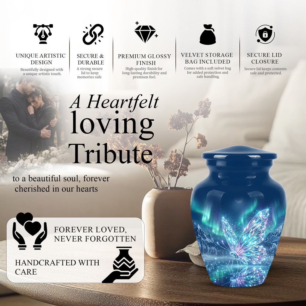 Glowing Butterfly Cremation Urn - Beautiful Blue Memorial Urns For Mom