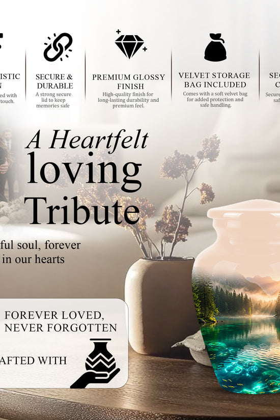 Serene Mountain Lake Cremation Urn- Custom Memorial Art Urns For Ashes