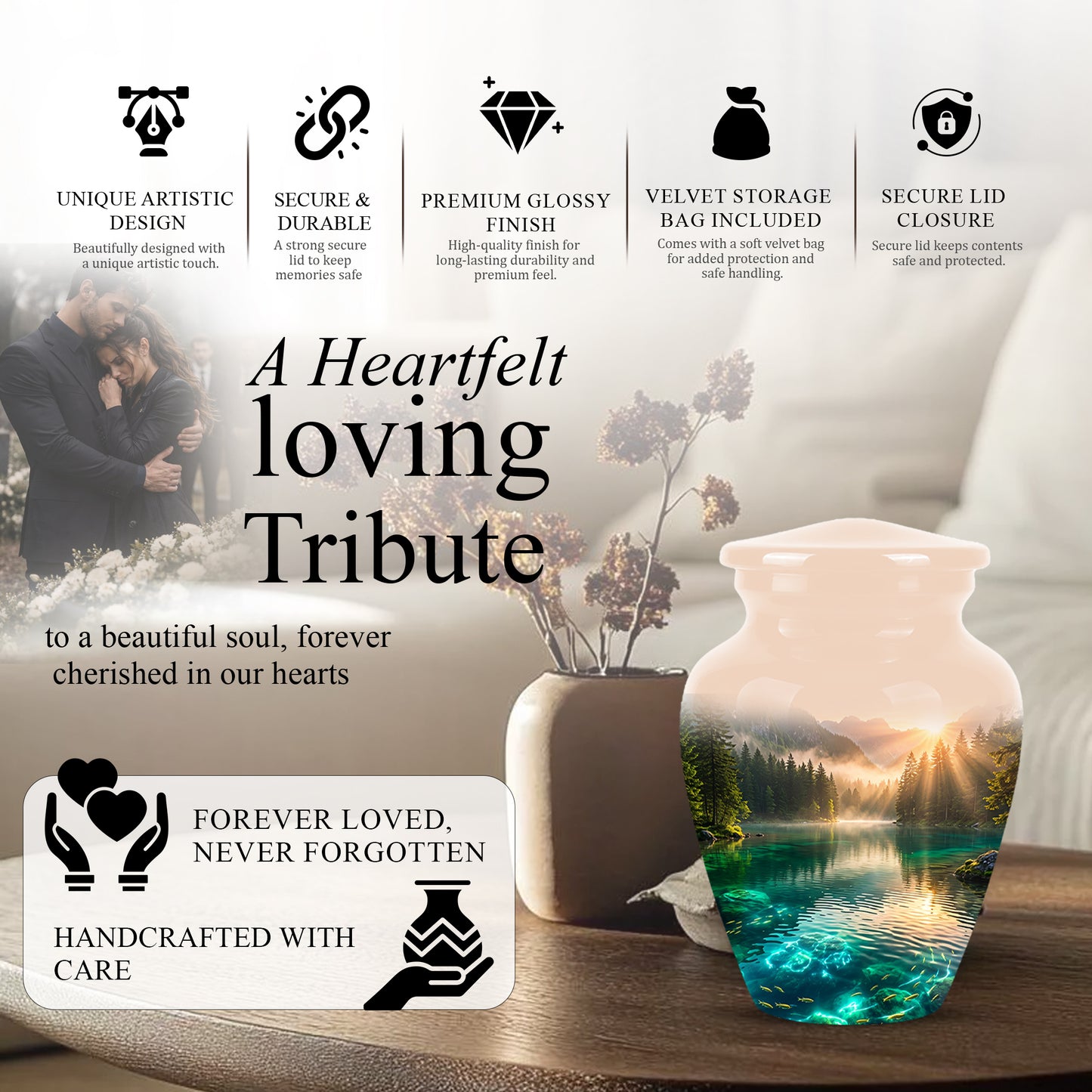 Serene Mountain Lake Cremation Urn- Custom Memorial Art Urns For Ashes