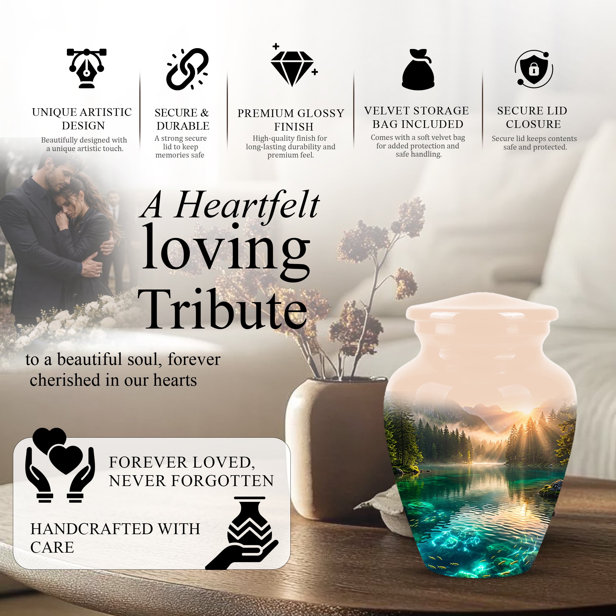 Serene Mountain Lake Cremation Urn- Custom Memorial Art Urns For Ashes