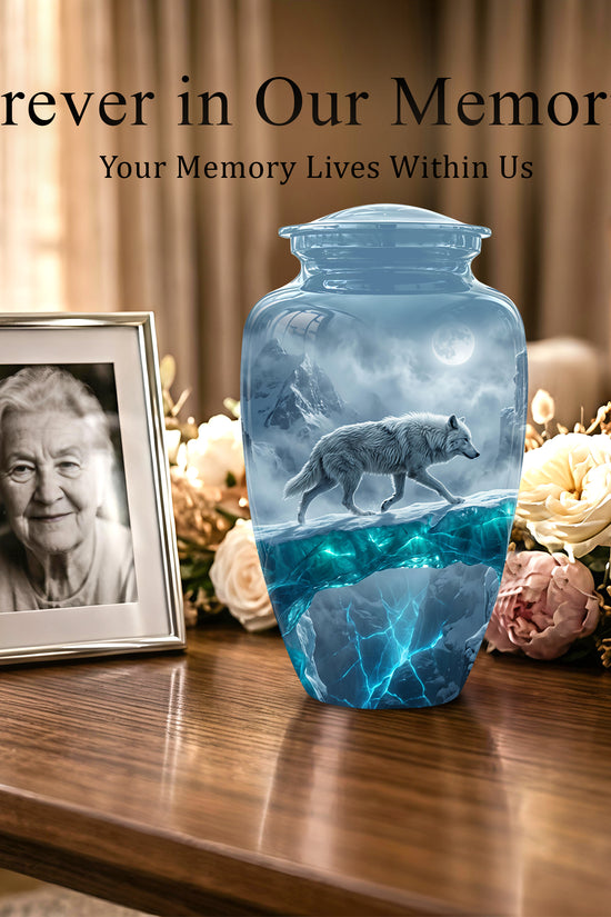 White Wolf In Snow Themed Urn - Classic Custom Urns For Human Ashes