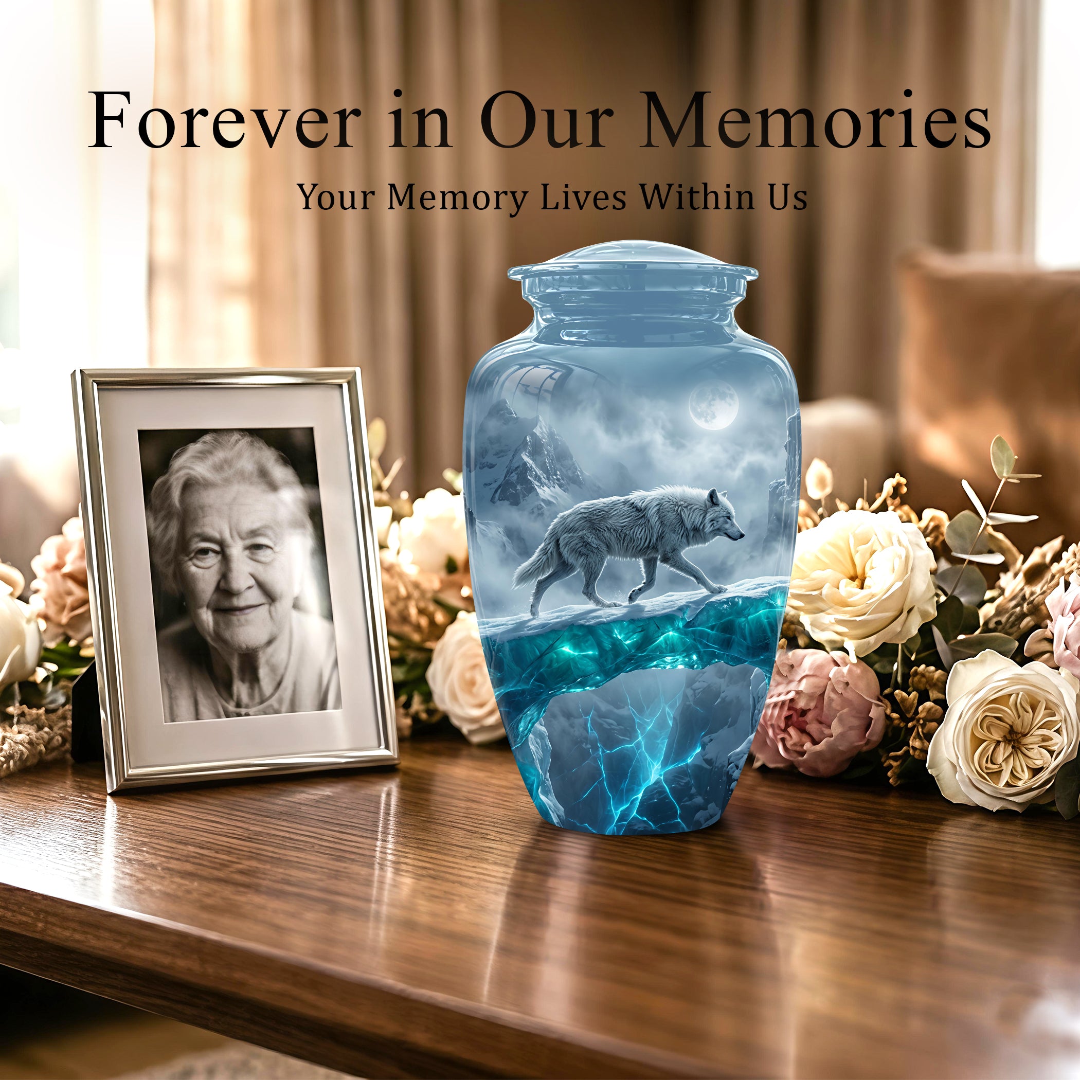 White Wolf In Snow Themed Urn - Classic Custom Urns For Human Ashes
