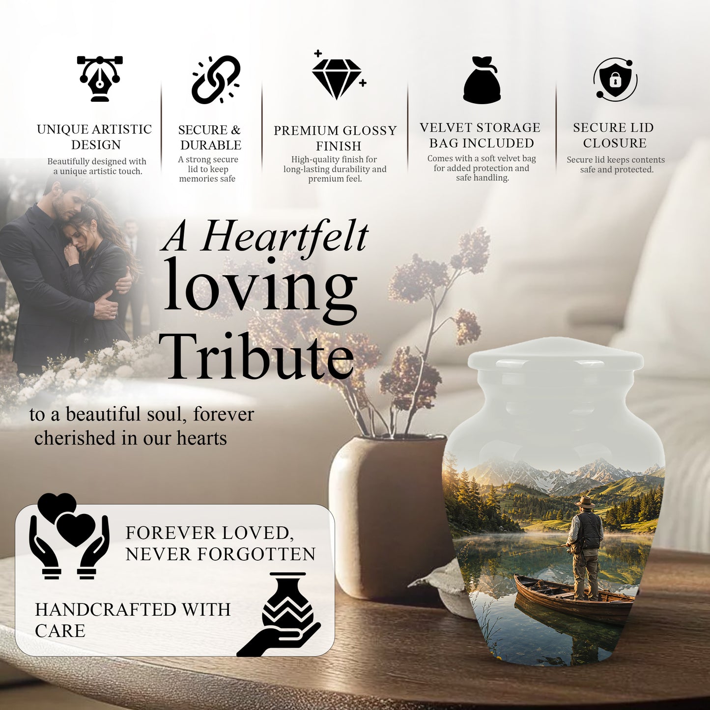 Fishing Cremation Urn - Artistic Landscape Fishing Urns For Dad Ashes