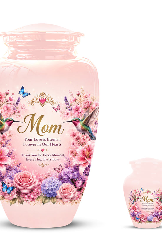 Hummingbird Floral Memorial Urn for Mother – Pink Aluminium Cremation Urn for Loved ones