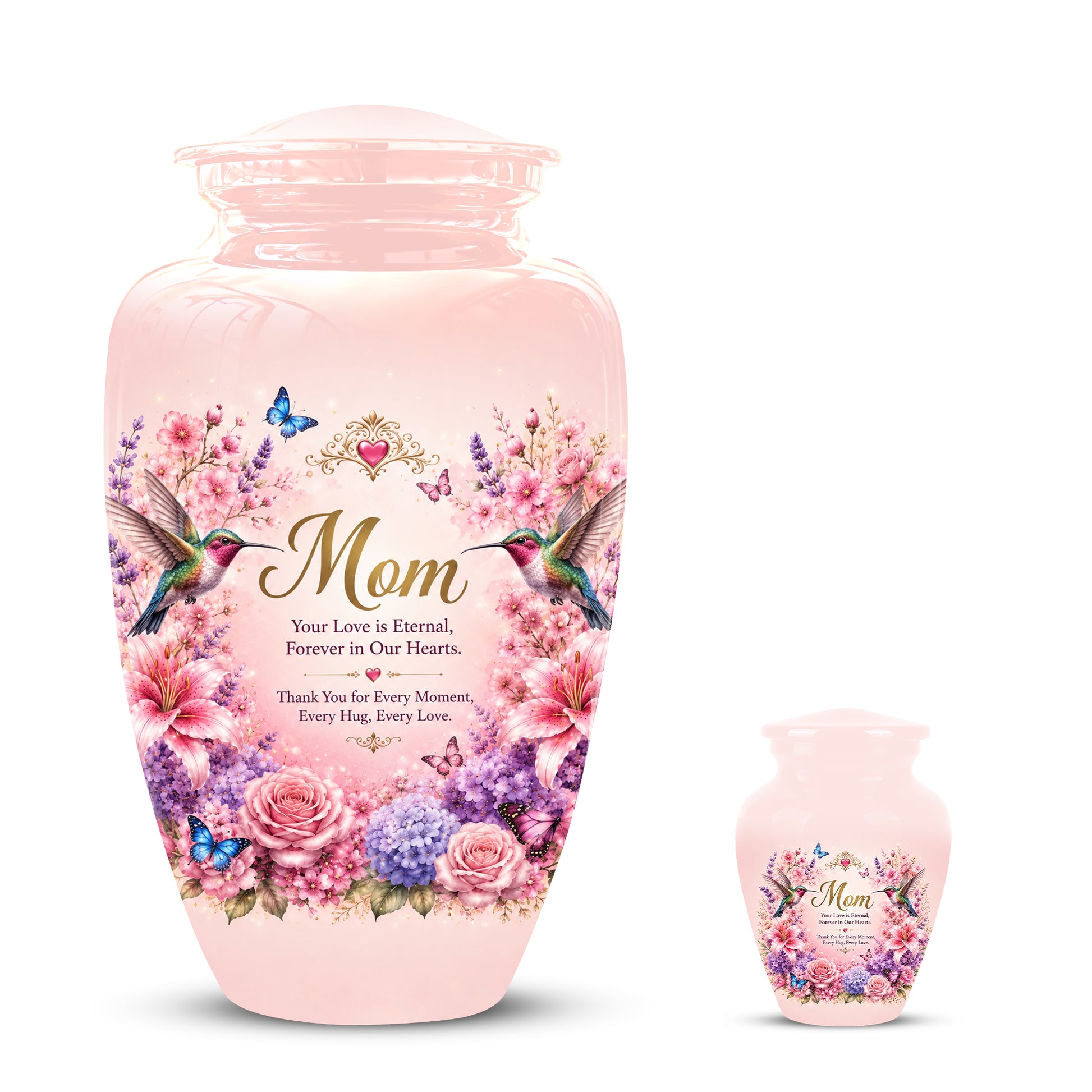 Hummingbird Floral Memorial Urn for Mother – Pink Aluminium Cremation Urn for Loved ones