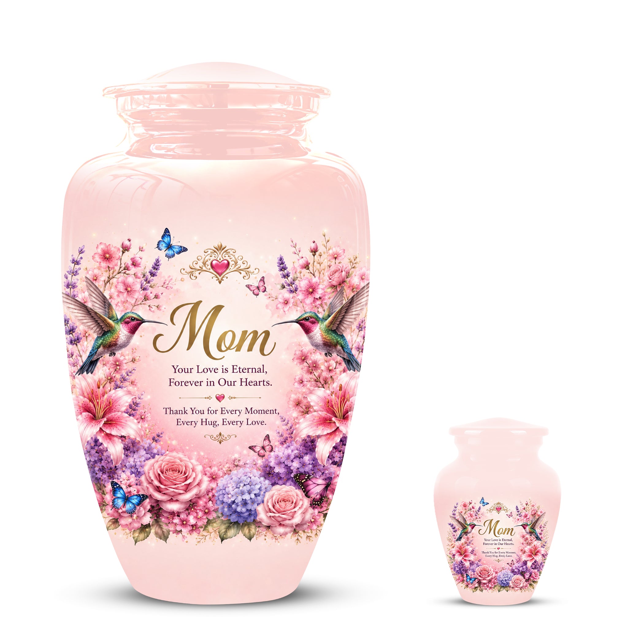 Hummingbird Floral Memorial Urn for Mother – Pink Aluminium Cremation Urn for Loved ones