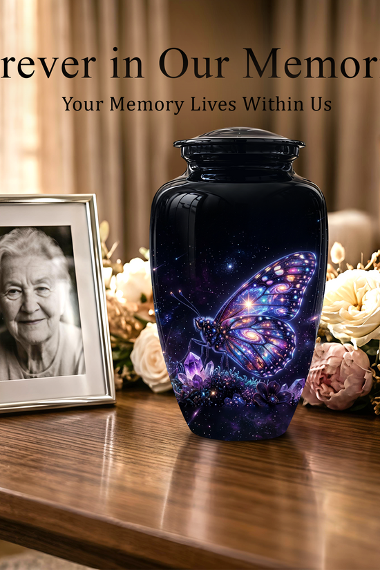 Purple Butterfly Cremation Urn - Beautiful Black Urns For Human Ashes