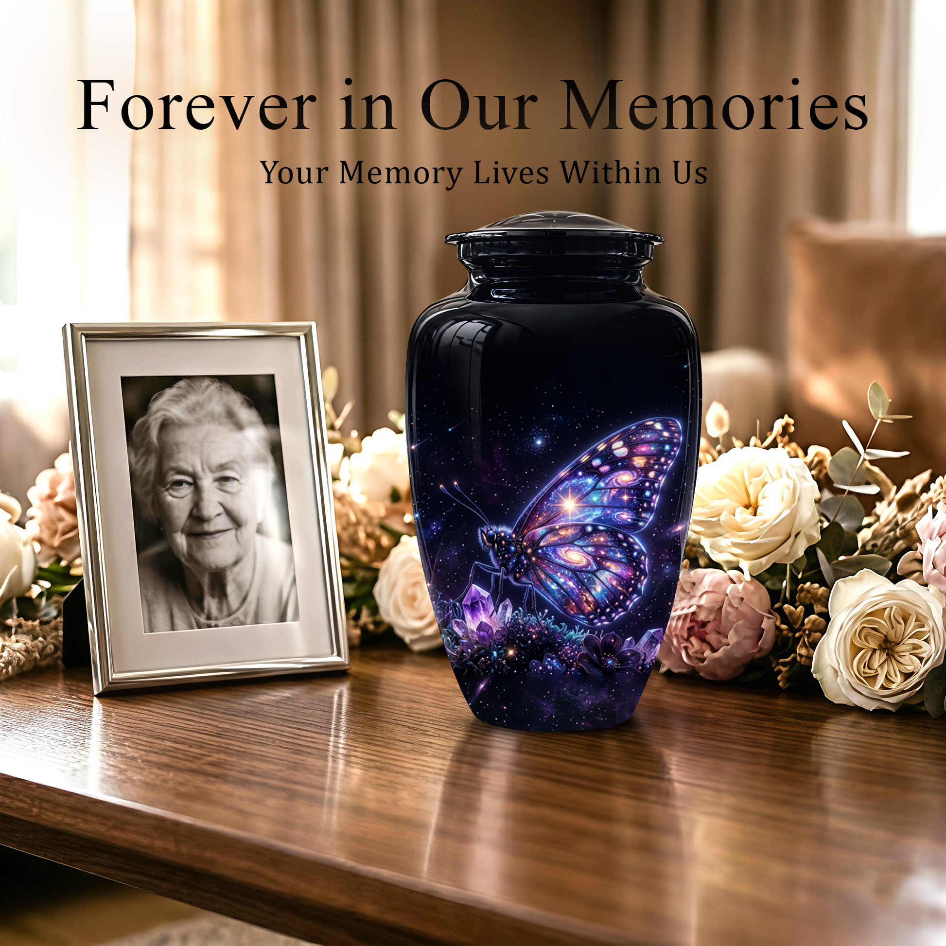 Purple Butterfly Cremation Urn - Beautiful Black Urns For Human Ashes