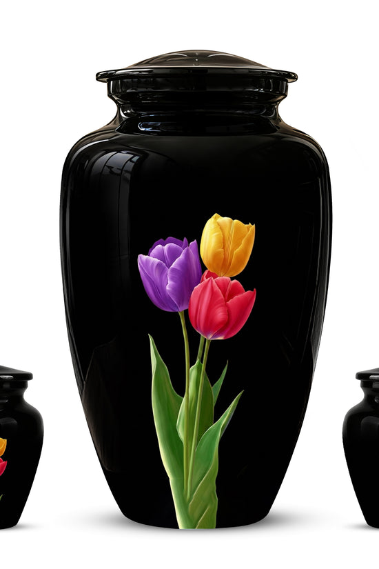 Colorful Tulips Flower Cremation Urn - Personalized Black Urns On Sale