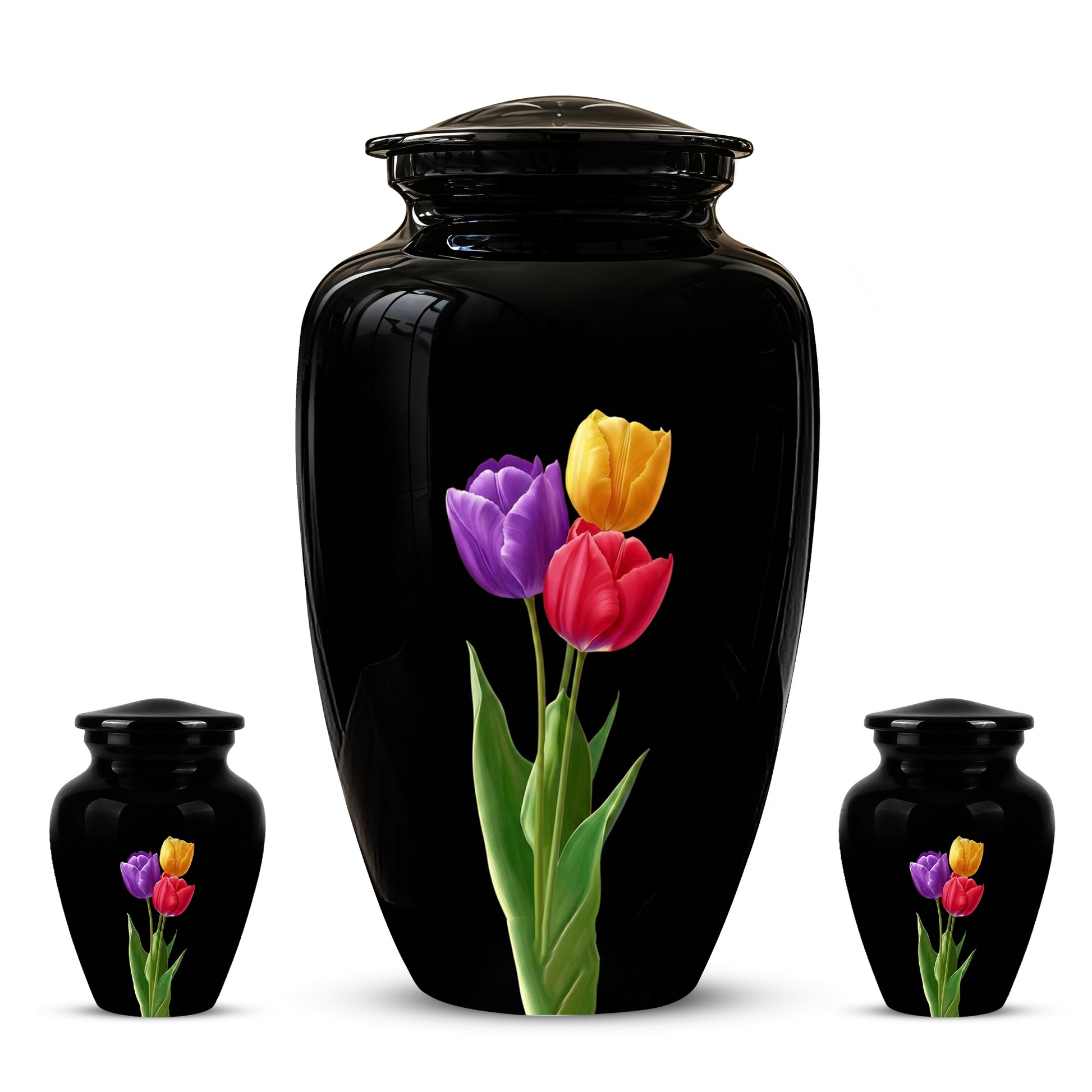 Colorful Tulips Flower Cremation Urn - Personalized Black Urns On Sale