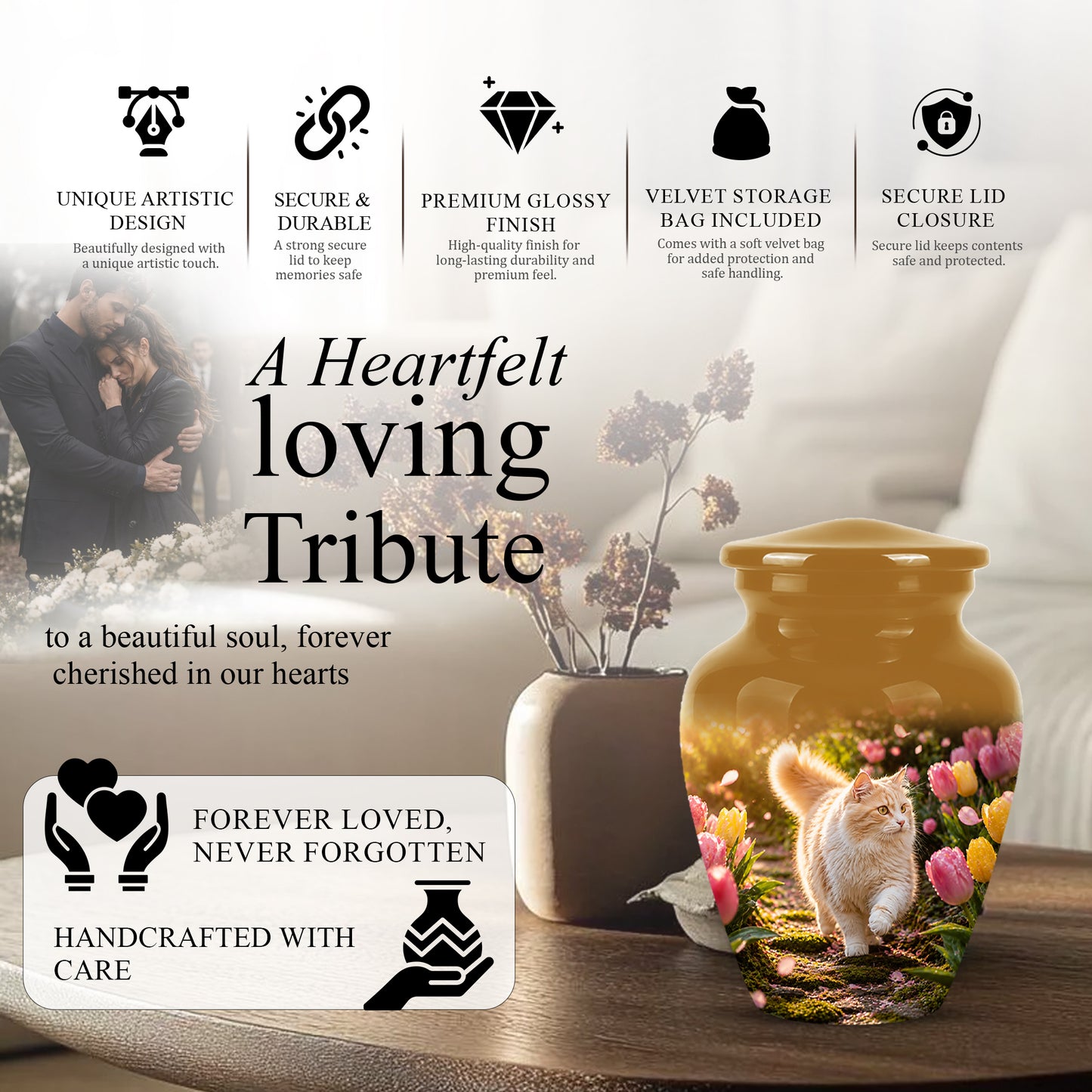 Brown Cat Cremation Urn - Custom Handcrafted Burial Urns For Pet Ashes