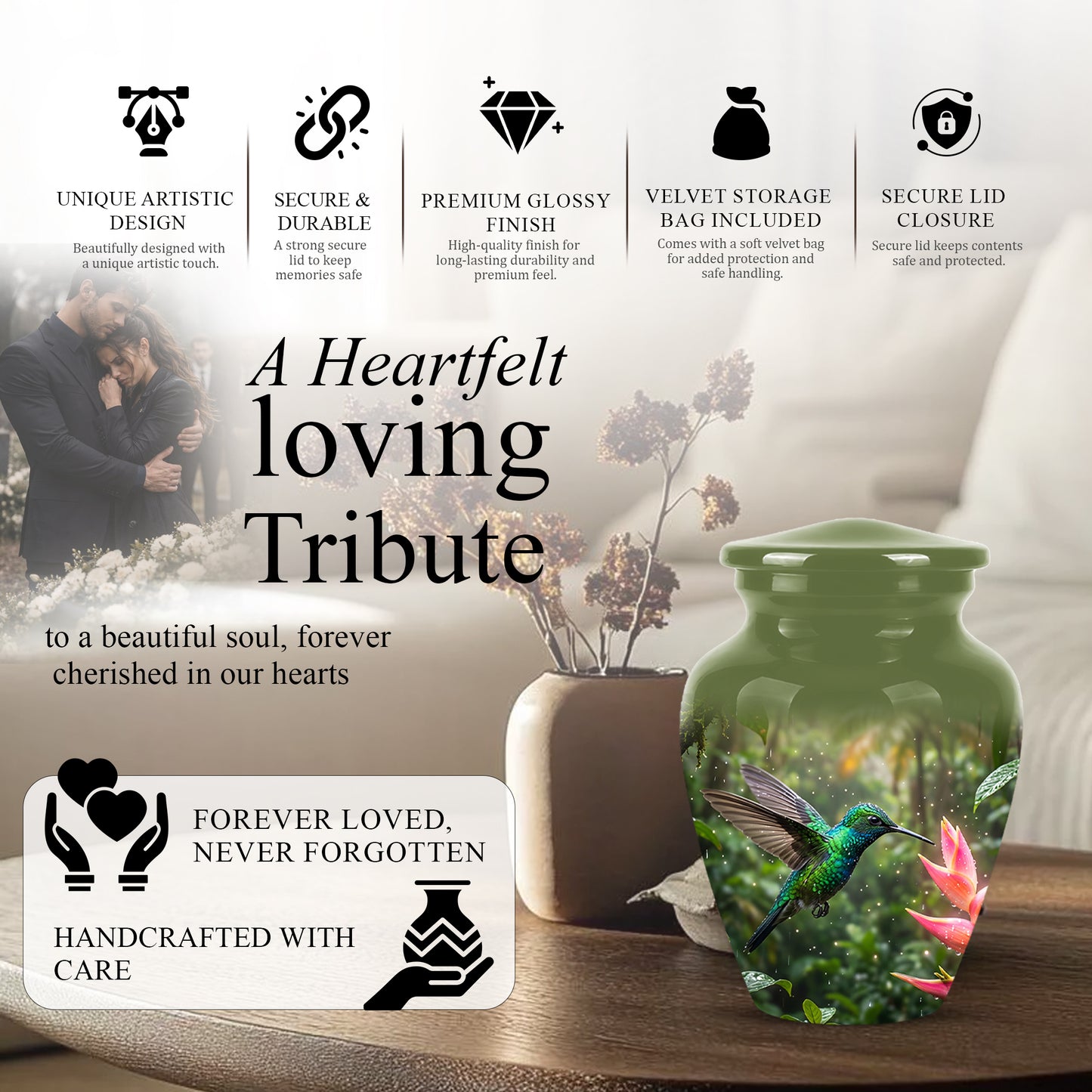 Celestial Flying Green Hummingbird Urn - Majestic Handcrafted Burial Urn