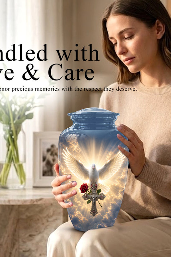 White Dove Bird With Rose - Blue Memorial Urns For Human Ashes