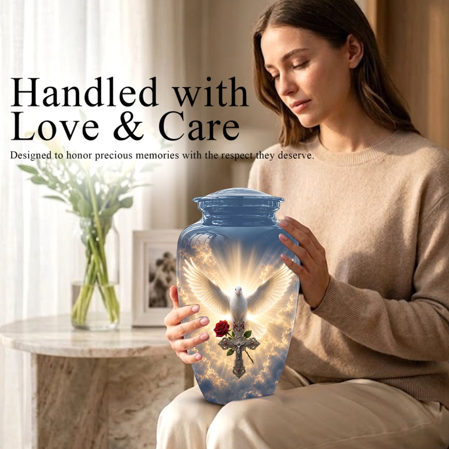 White Dove Bird With Rose - Blue Memorial Urns For Human Ashes