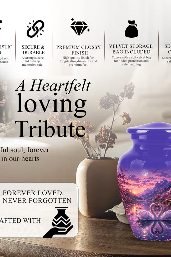 Couple Swan Cremation Urn - Purple Memorial Urns For Loved Ones Ashes