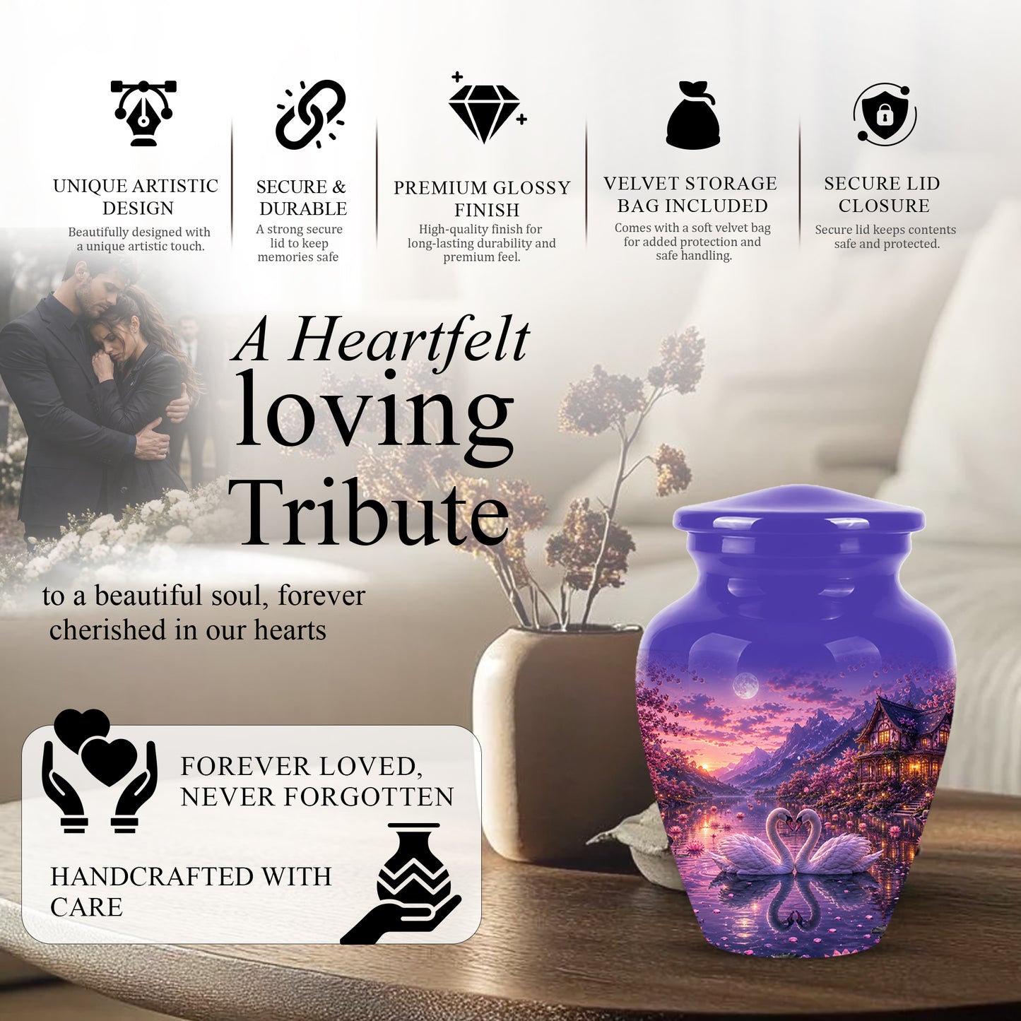 Couple Swan Cremation Urn - Purple Memorial Urns For Loved Ones Ashes