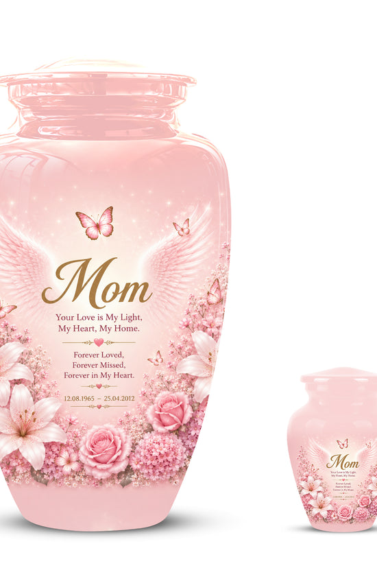 Angel Wings Funeral Urn for Mom – Pink Aluminium Burial Urn for Human Ashes