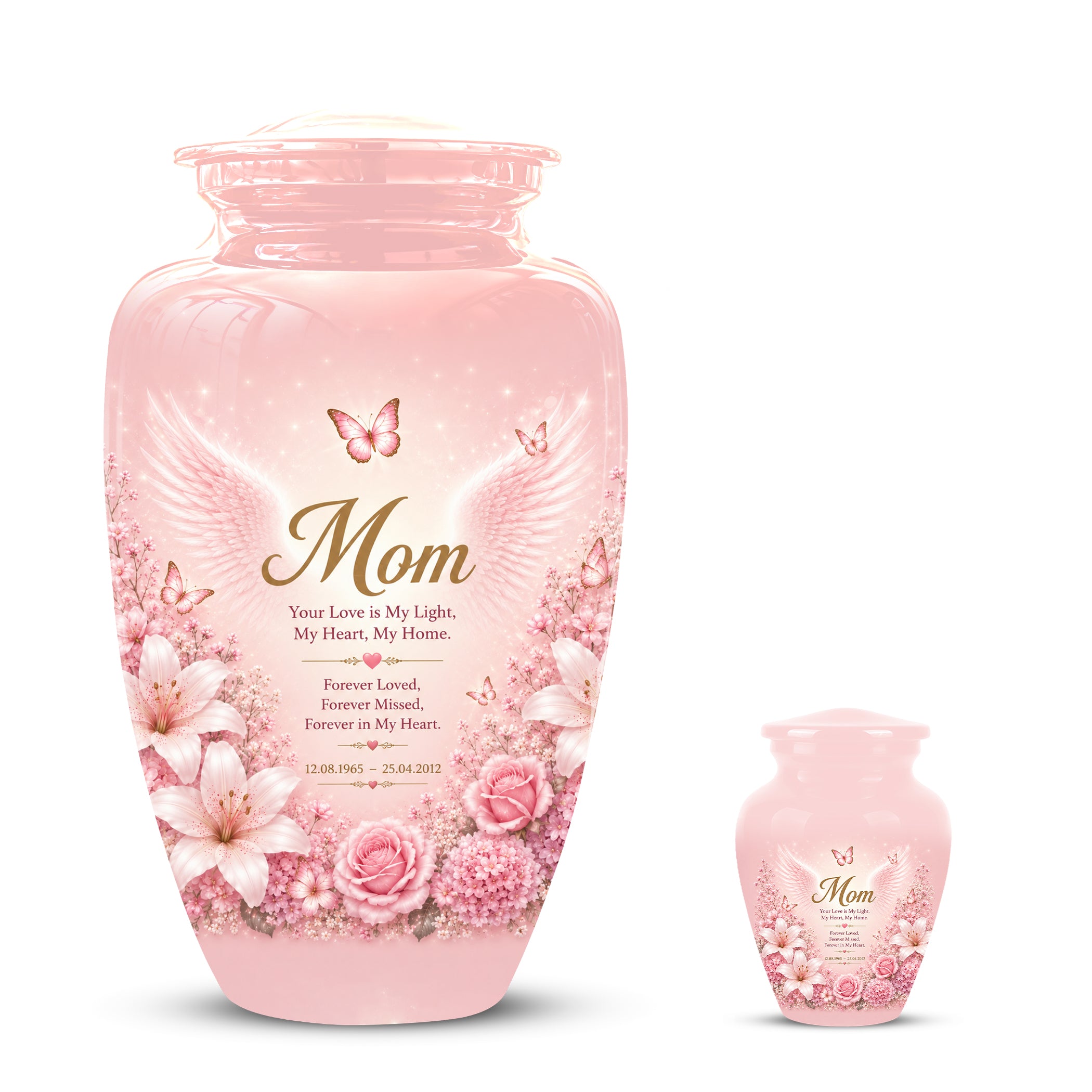 Angel Wings Funeral Urn for Mom – Pink Aluminium Burial Urn for Human Ashes