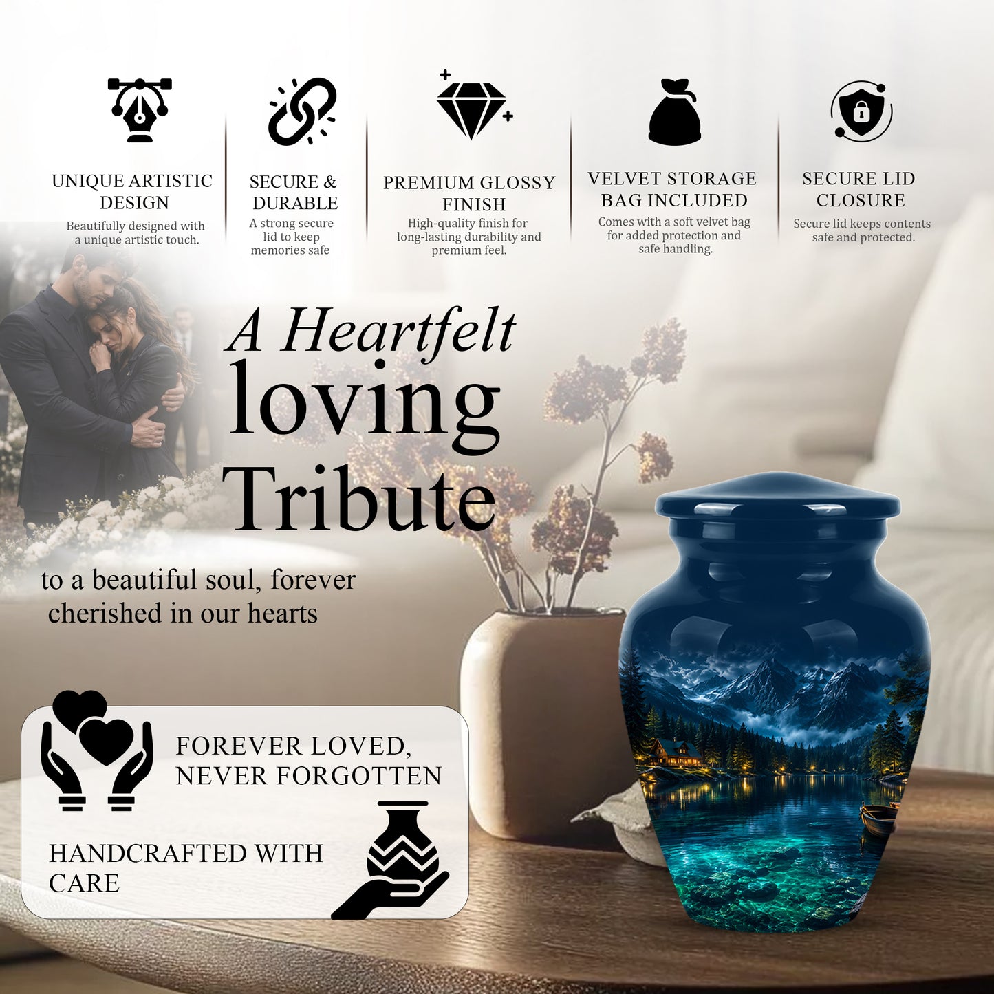 Mountain Lake Cremation Urn - Night Landscape Urns For Human Ashes