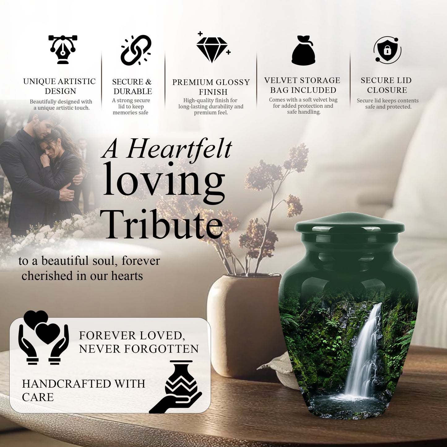 Waterfall Themed Memorial Urn - Peaceful Tribute Urn For Nature Lover