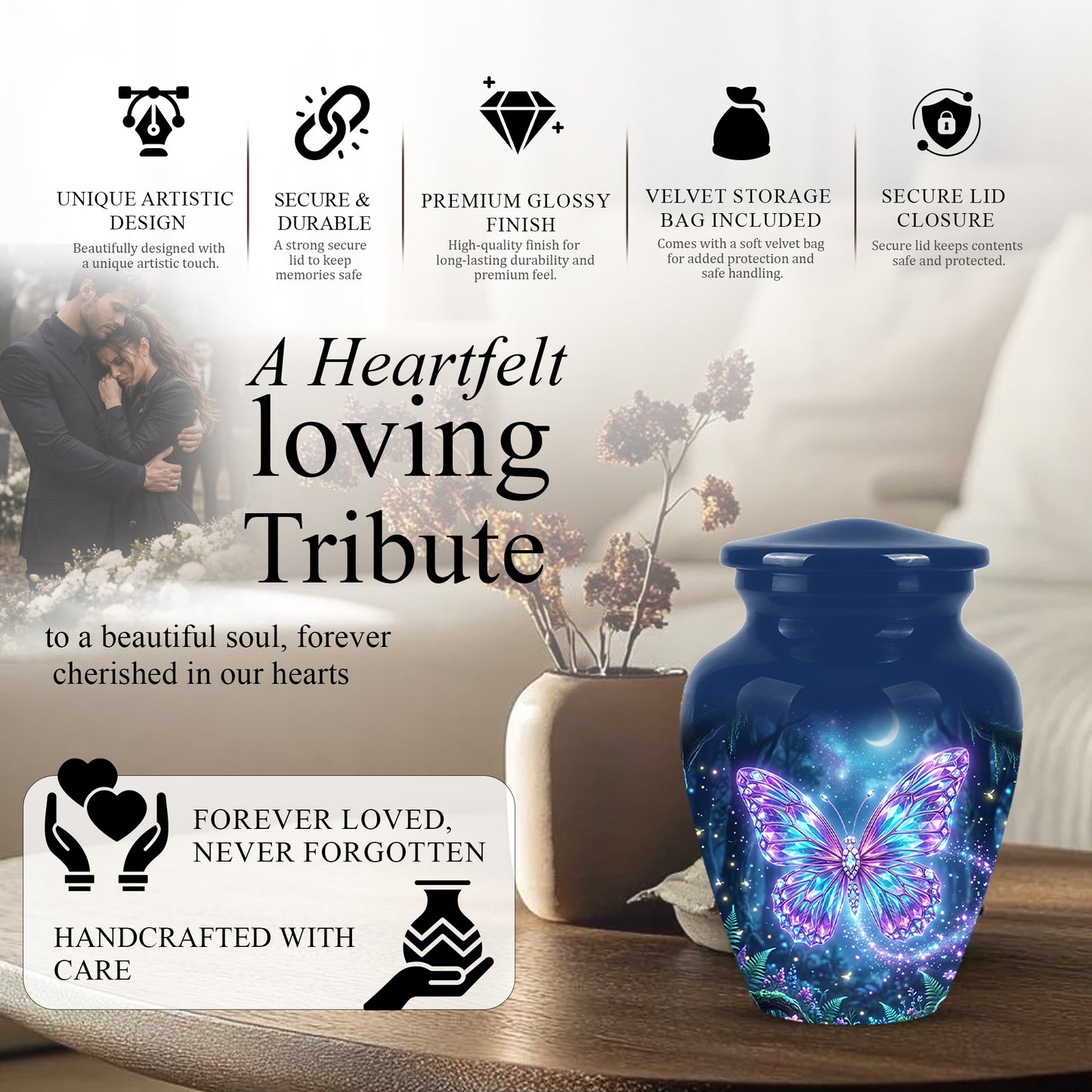Glowing Colorful Butterfly Memorial Urn - Majestic Urns For Ashes