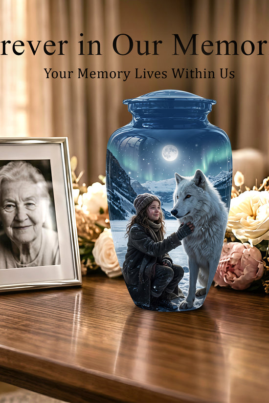 Snowy Moonlit White Wolf Urn for Ashes | Custom Memorial Urn