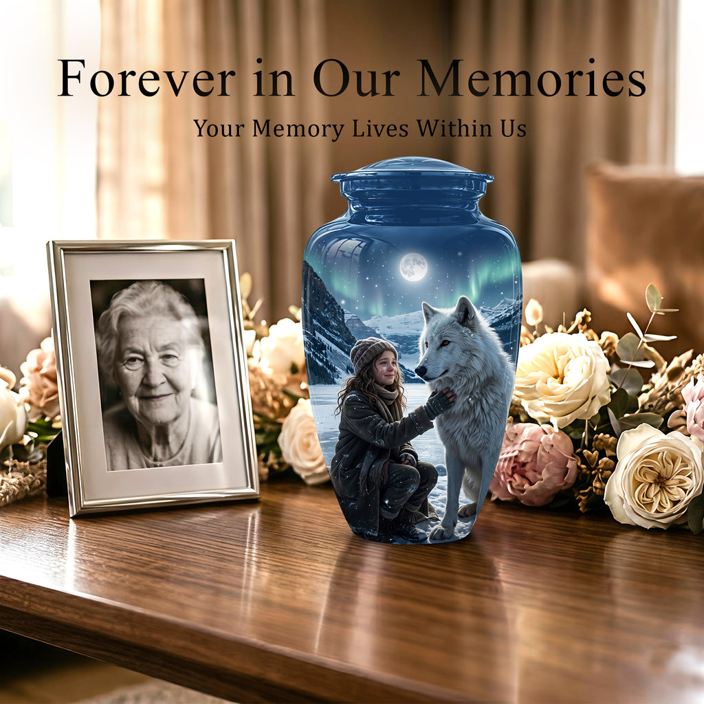 Snowy Moonlit White Wolf Urn for Ashes | Custom Memorial Urn