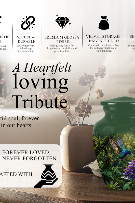 Flying Hummingbird Themed Urn - Beautiful Purple Flower Cremation Urns