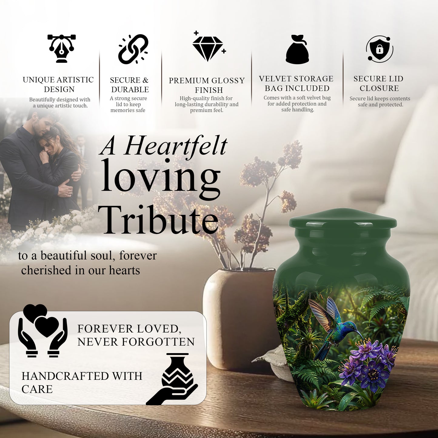 Flying Hummingbird Themed Urn - Beautiful Purple Flower Cremation Urns