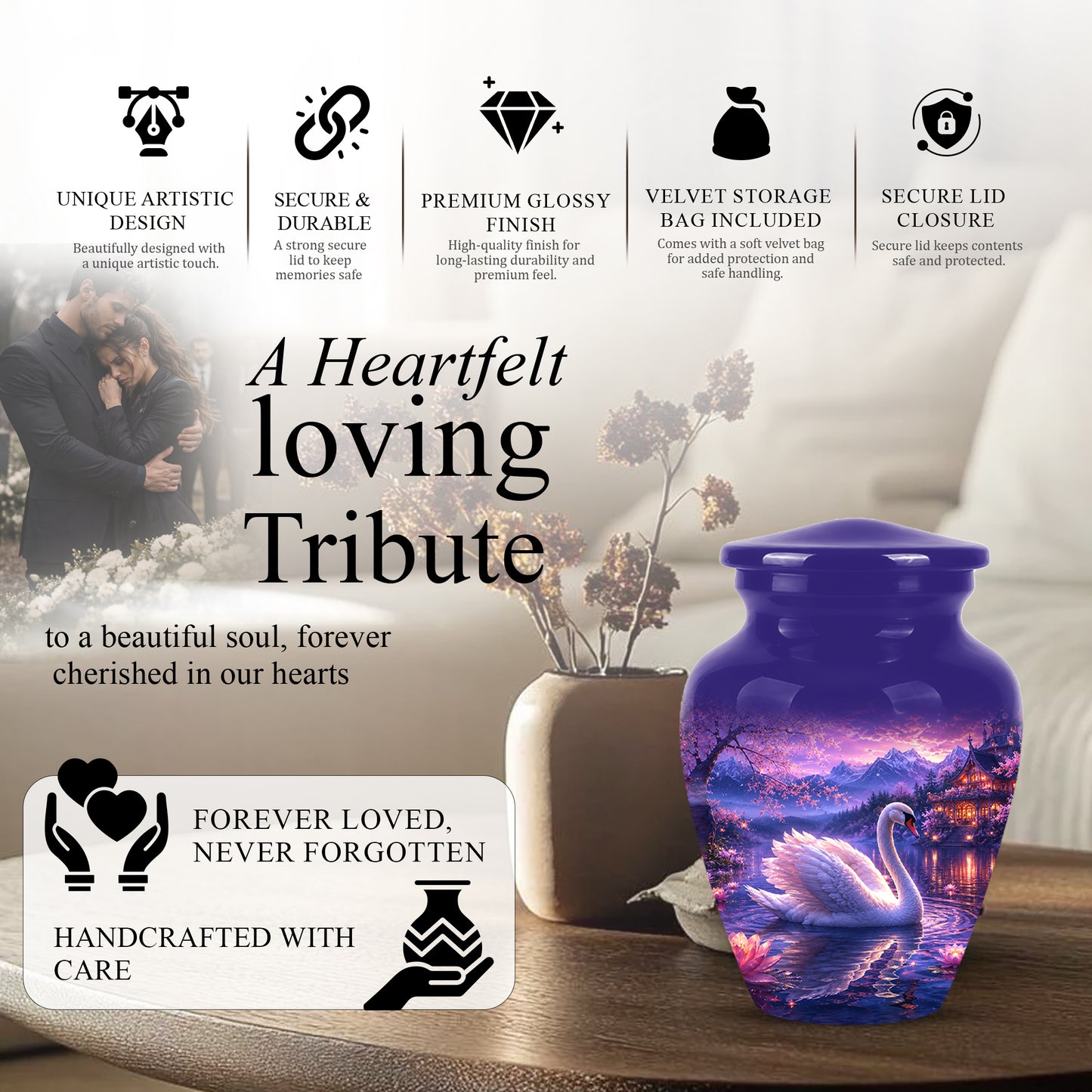 Swan & Cherry Blossom Serenade Urn - Beautiful Custom Urns For Ashes