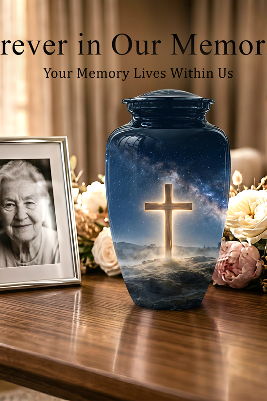 Jesus Cross In Night Sky Urn - Artistic Funeral Memorial Urns For Human Ashes
