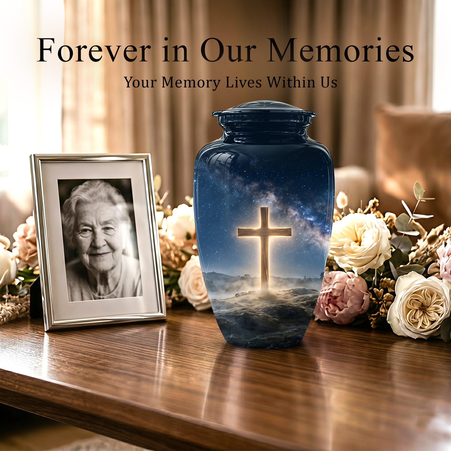 Jesus Cross In Night Sky Urn - Artistic Funeral Memorial Urns For Human Ashes