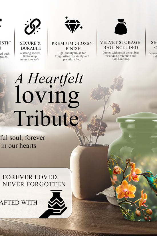 Colorful Hummingbird Urn - Green Cremation Urn For Nature Lovers Ashes