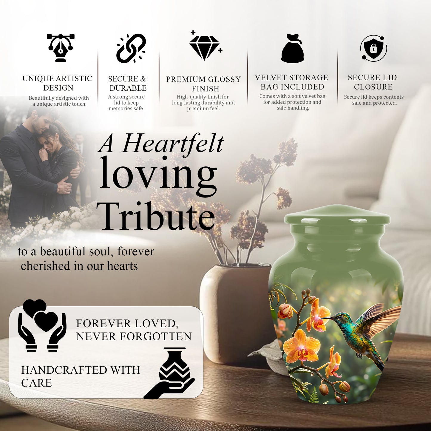 Colorful Hummingbird Urn - Green Cremation Urn For Nature Lovers Ashes