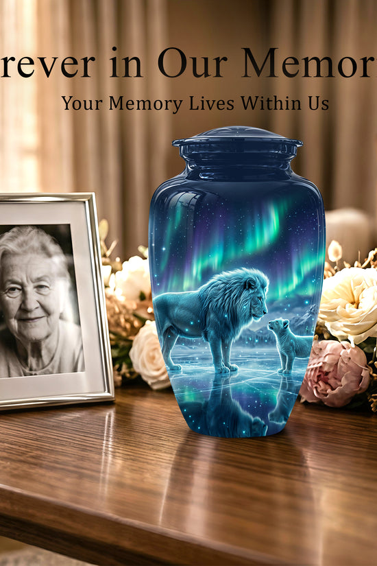 Lion & Cub Aurora Borealis Urn - Personalized Lion Urns For Human Ashes
