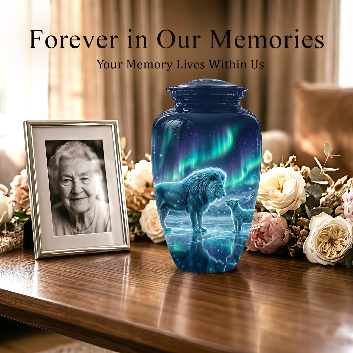 Lion & Cub Aurora Borealis Urn - Personalized Lion Urns For Human Ashes
