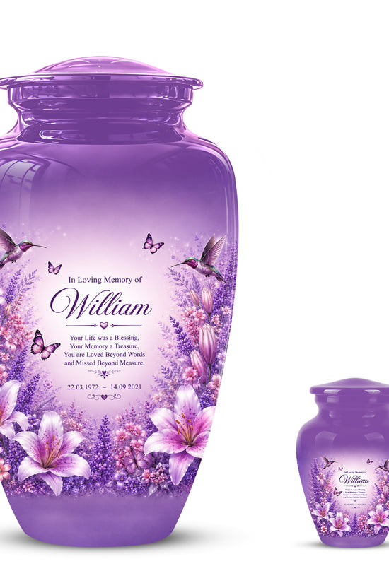 Lavender Hummingbird Urn – Purple Floral Urn for Human Ashes