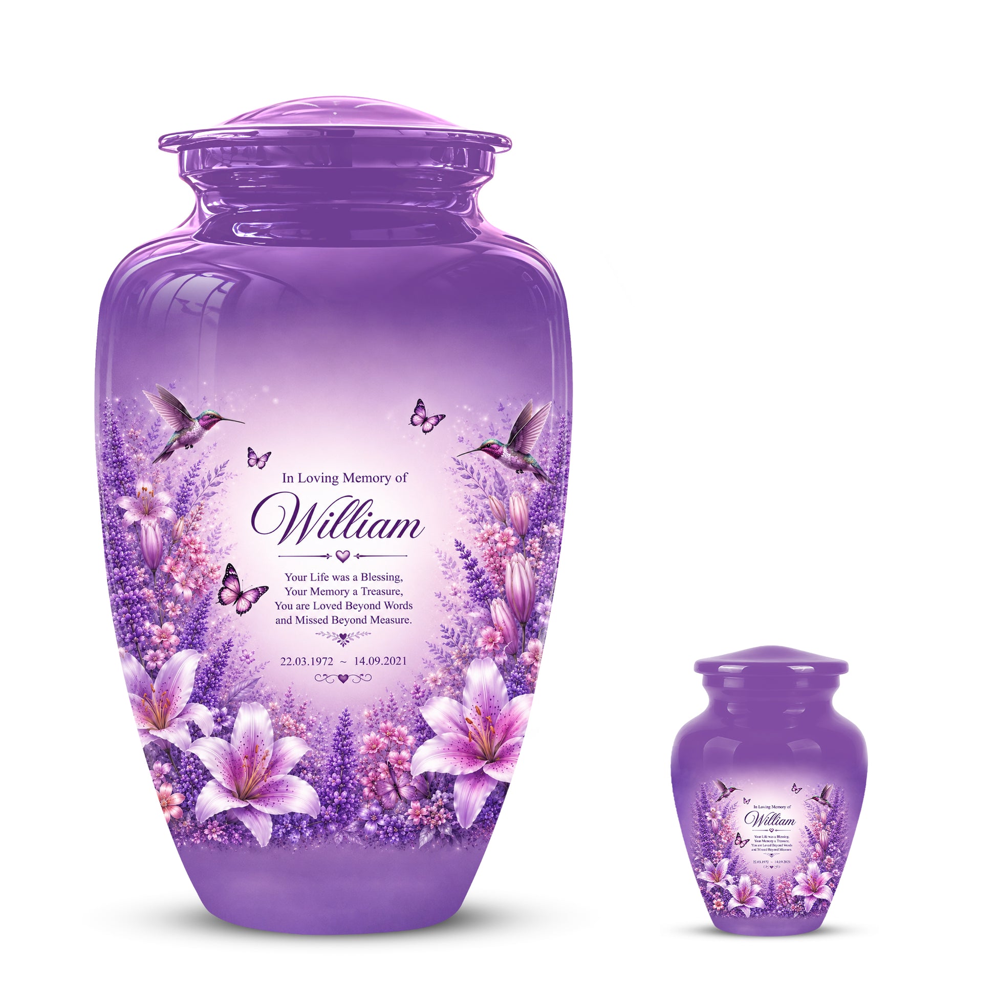 Lavender Hummingbird Urn – Purple Floral Urn for Human Ashes