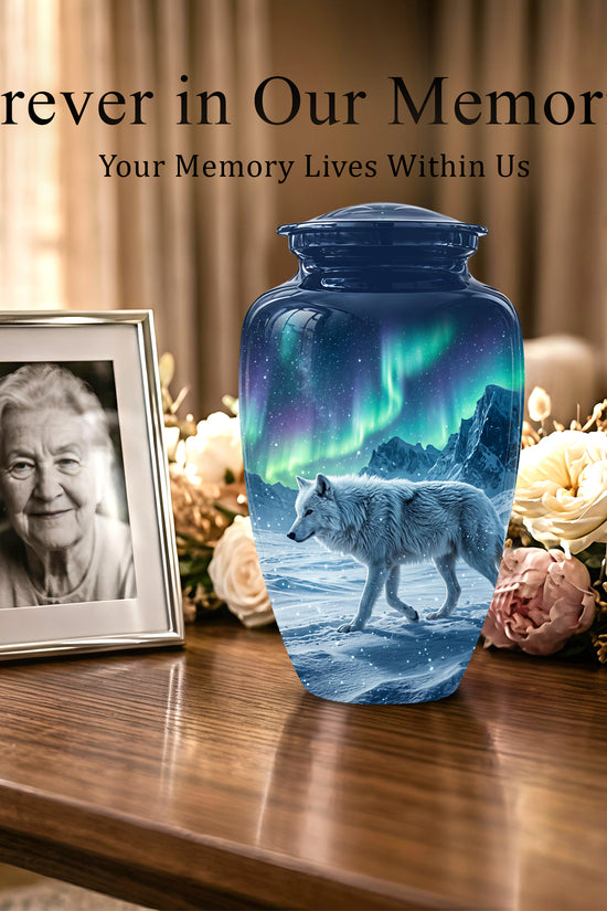Snowy Wolf Cremation Urn - Northern Light Memorial Urn For Human Ashes