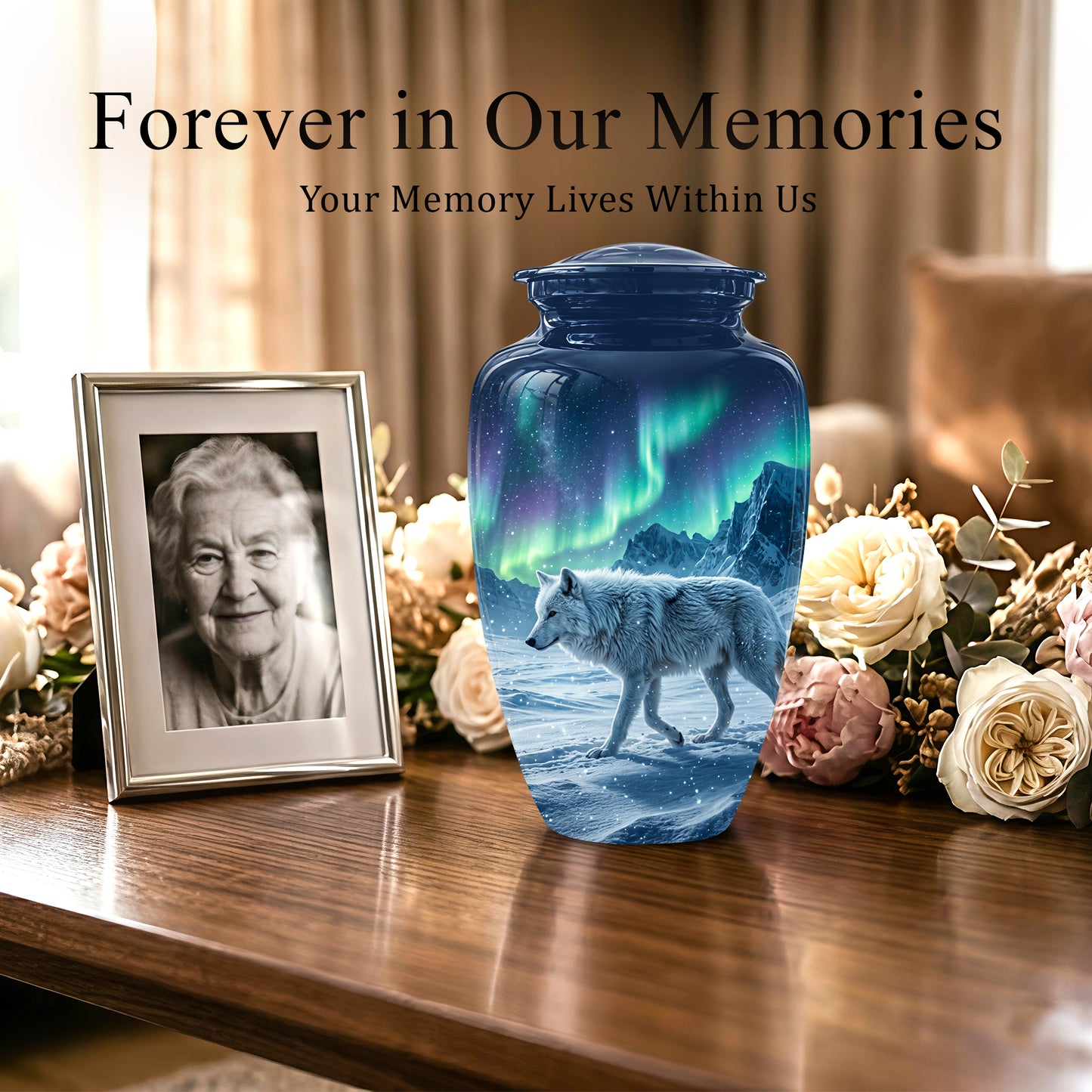 Snowy Wolf Cremation Urn - Northern Light Memorial Urn For Human Ashes