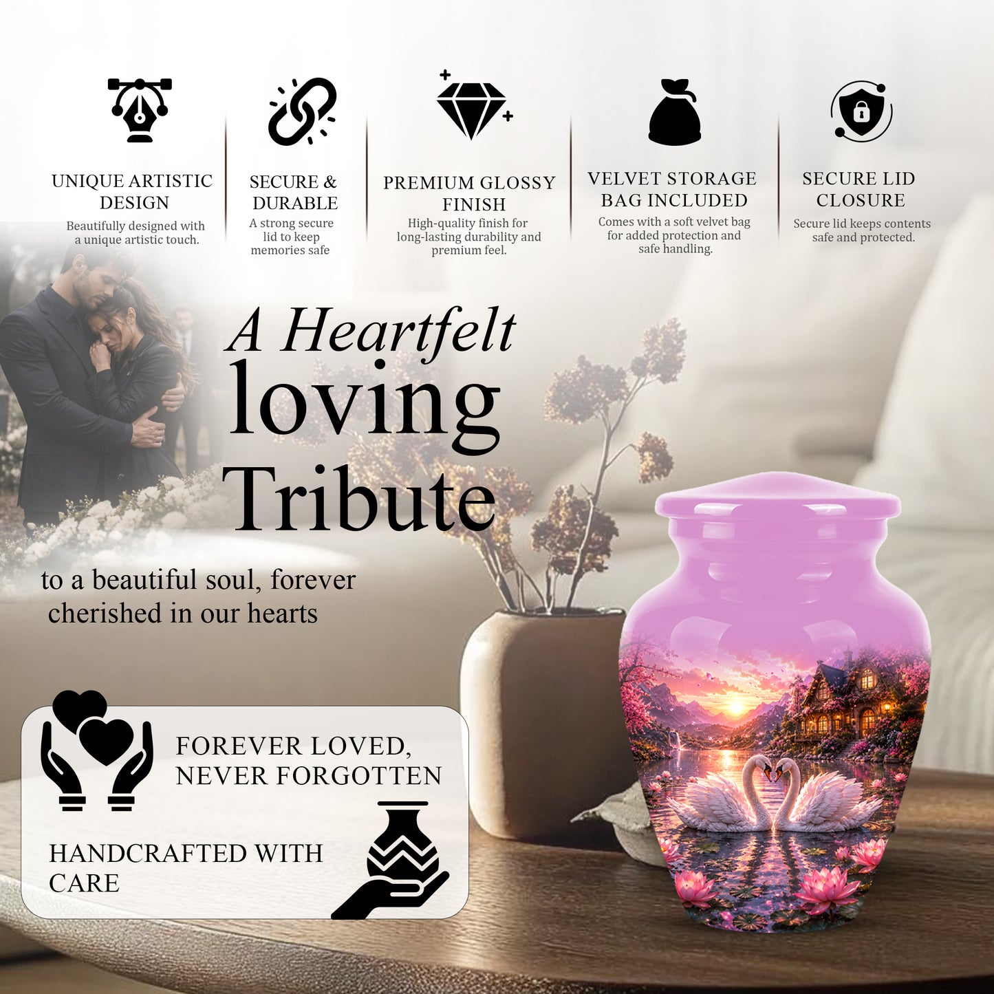 Couple Swan Memorial Urn - Peaceful Classic Urn For Lover's Ashes
