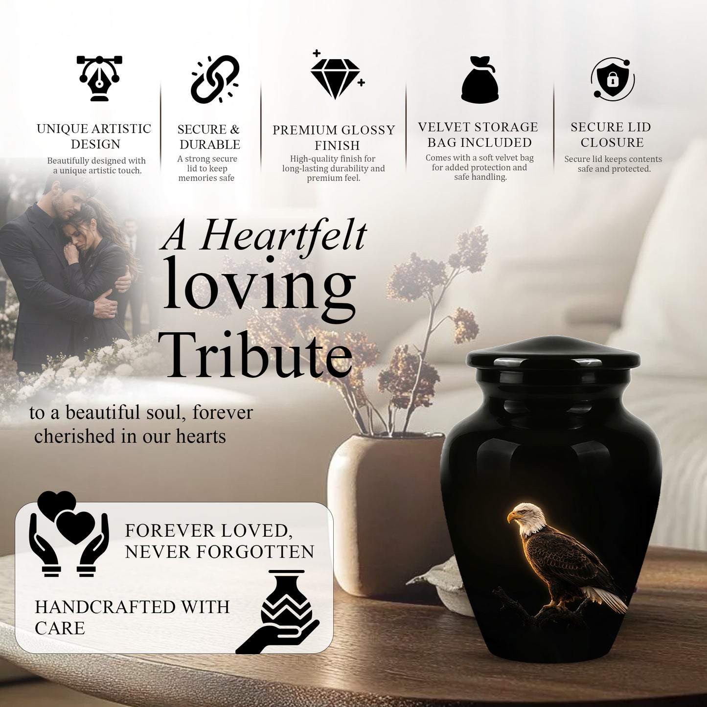 Bald Eagle Cremation Urn - Personalized Black Urns For Human Ashes