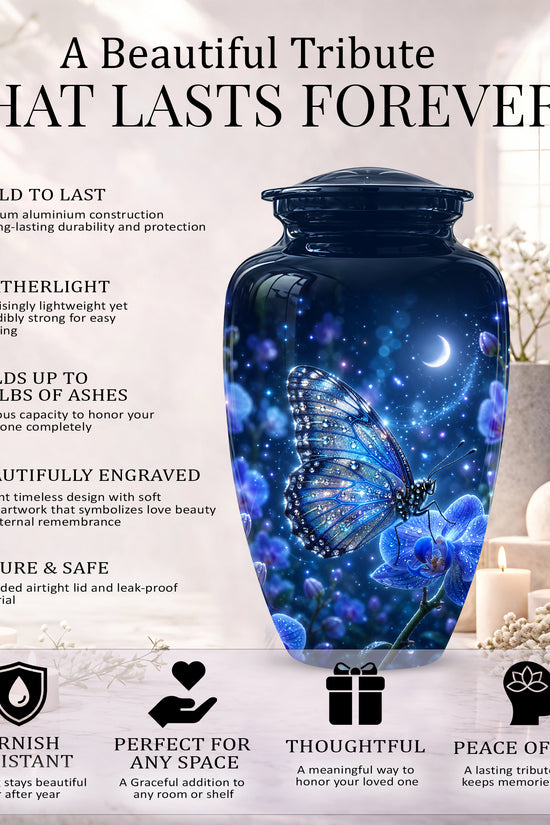 Blue Butterfly On Flower -Starry Night Burial Urns For Human Ashes