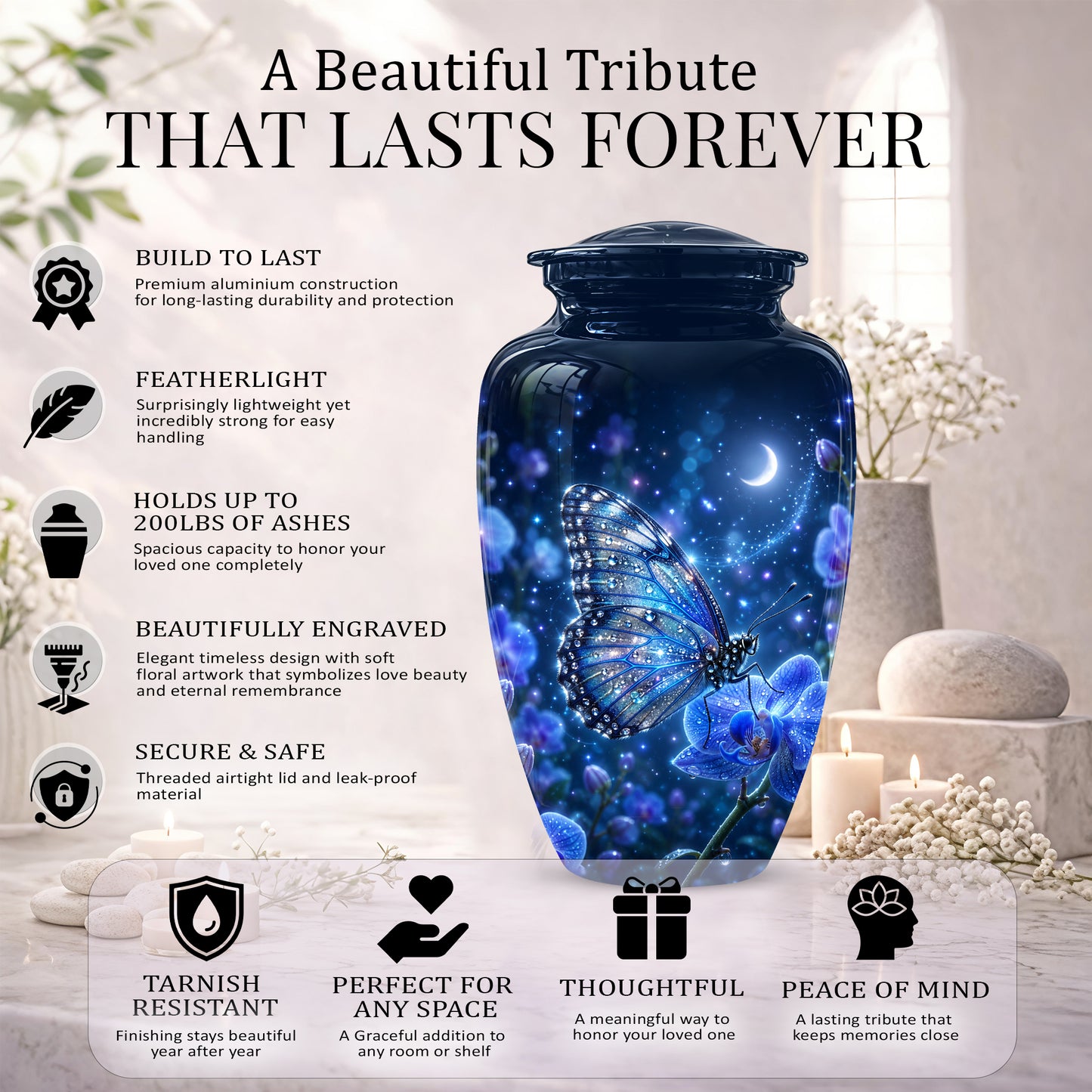 Blue Butterfly On Flower -Starry Night Burial Urns For Human Ashes