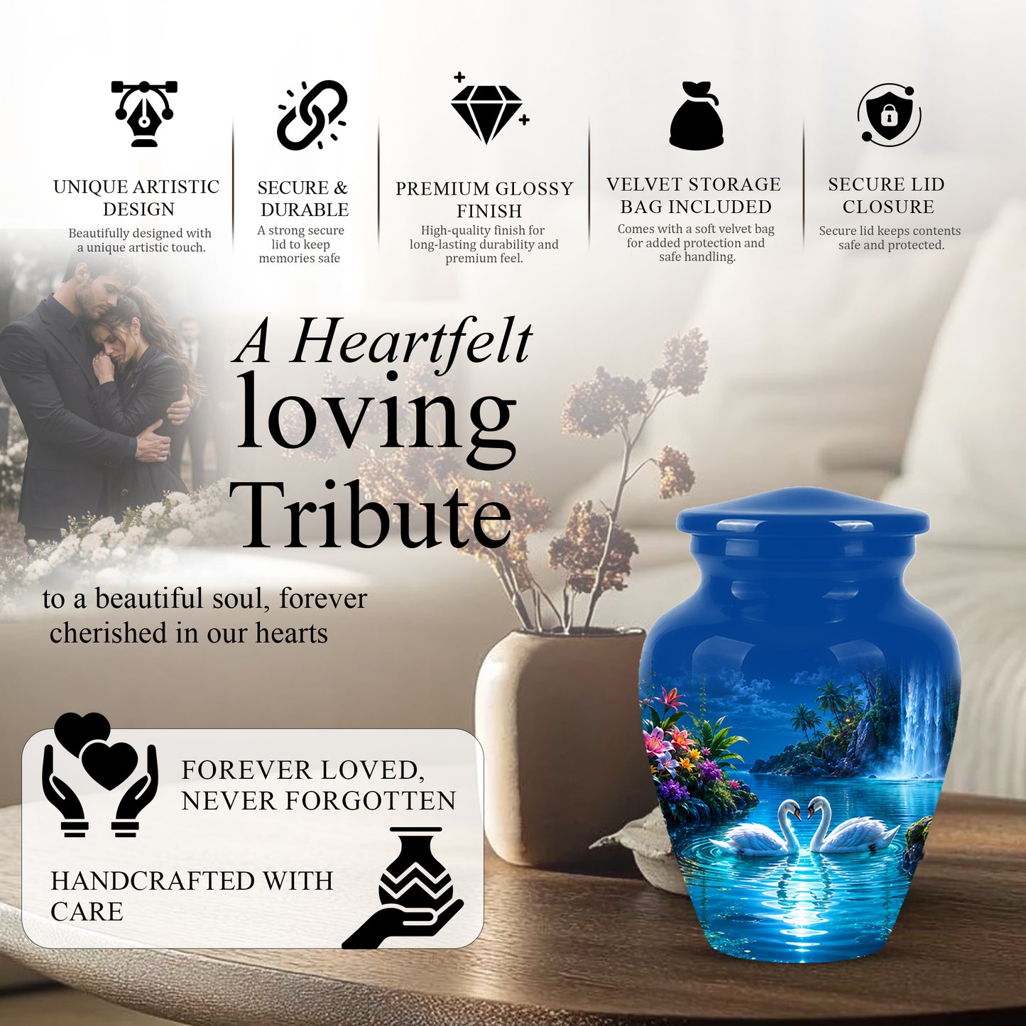White Couple Swan Urn - Beautiful Memorial Keep Urns For Loved Ones