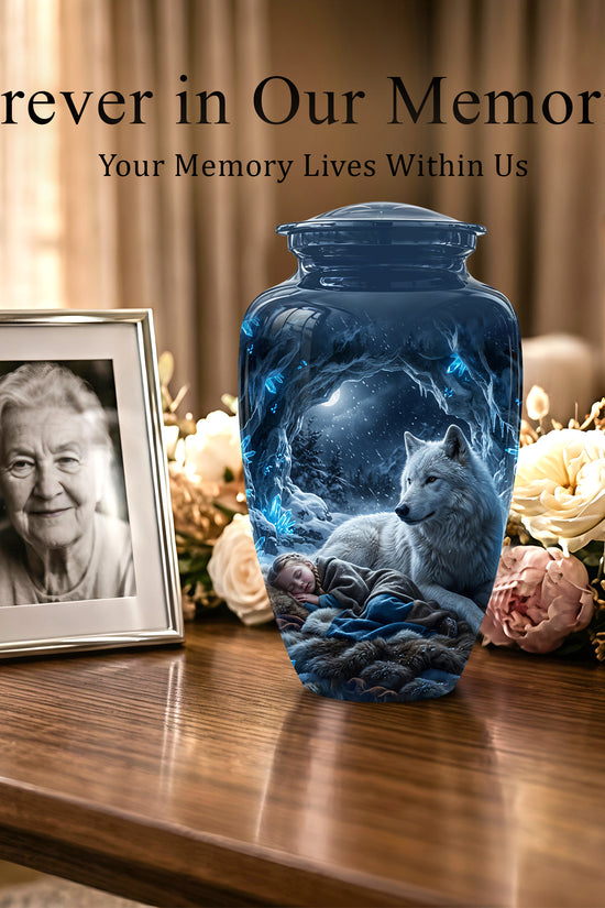 White Wolf With Girl Urn - Custom Memorial Urns For Men & Women Ashes